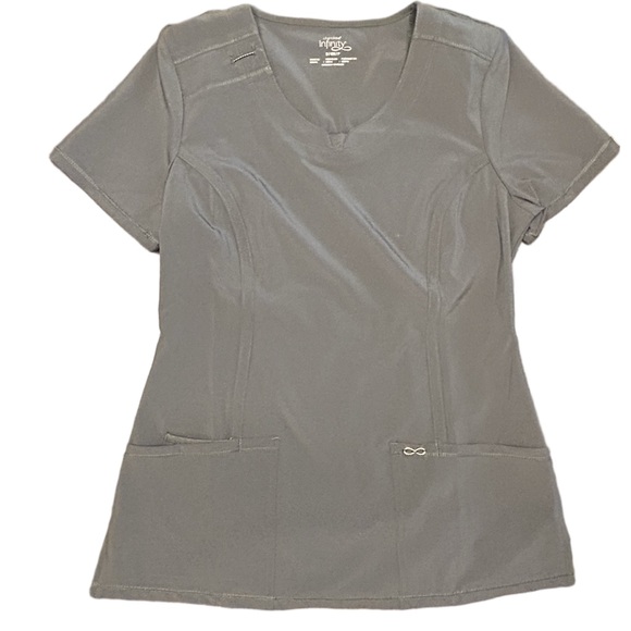 Cherokee infinity gray pewter scrub set round neck S top XS pet. Joggers NWT - Picture 2 of 15